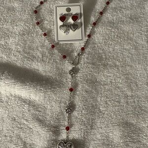 Heart Pendant Necklace and Earring Set - Silver and Red